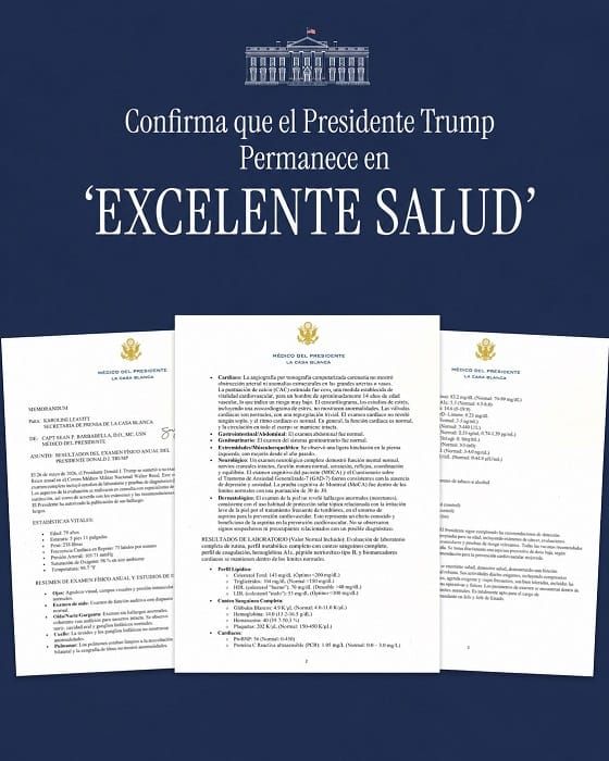 La Casa Blanca difundió resultados del examen físico de Trump: "excelente salud" y 30/30 en prueba cognitiva