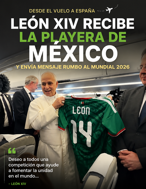 León XIV recibe la playera de la Selección Mexicana durante su viaje a España