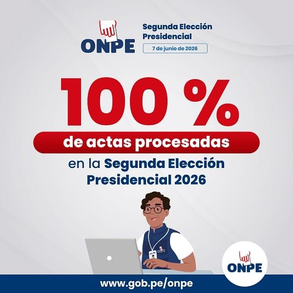 ONPE llega al 100 % de las actas procesadas de la segunda vuelta presidencial de Perú