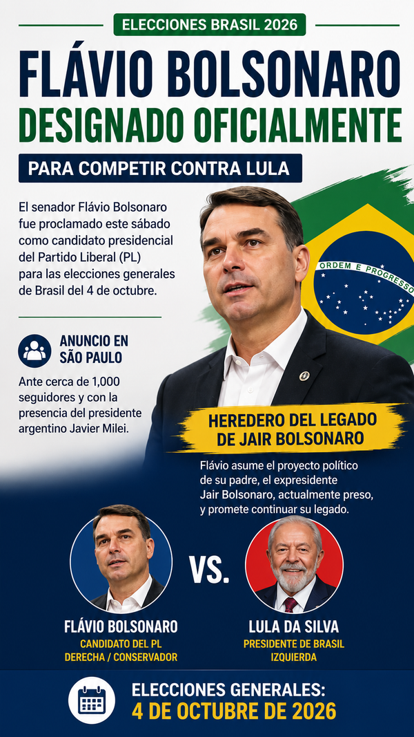 Flávio Bolsonaro es proclamado candidato presidencial del Partido Liberal para enfrentar a Lula en octubre