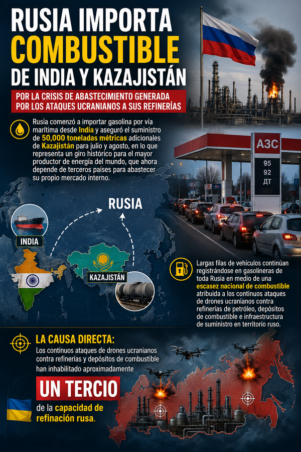Rusia importa combustible de India y Kazajistán, por la crisis de abastecimiento generada por los ataques ucranianos a sus refinerías