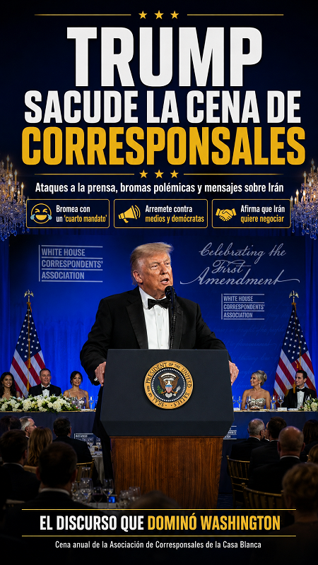 Trump en la cena de corresponsales: bromea sobre un "cuarto mandato", amenaza a Irán y arremete contra la prensa
