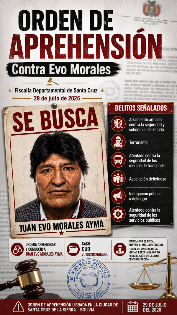 Fiscalía de Bolivia ordena la aprehensión de Evo Morales por seis presuntos delitos