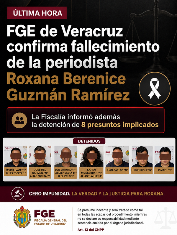 Fiscalía General de Veracruz asegura que son ocho los detenidos por el homicidio de la periodista Roxana Guzmán