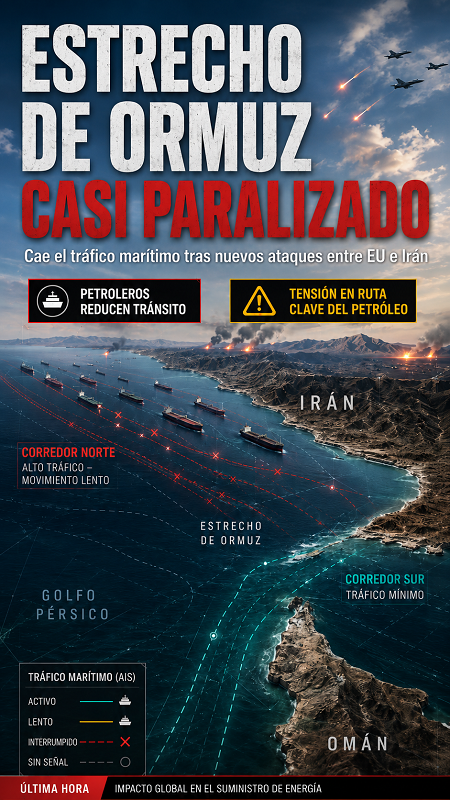 Tráfico marítimo por el estrecho de Ormuz queda casi paralizado tras nuevos ataques entre EU e Irán