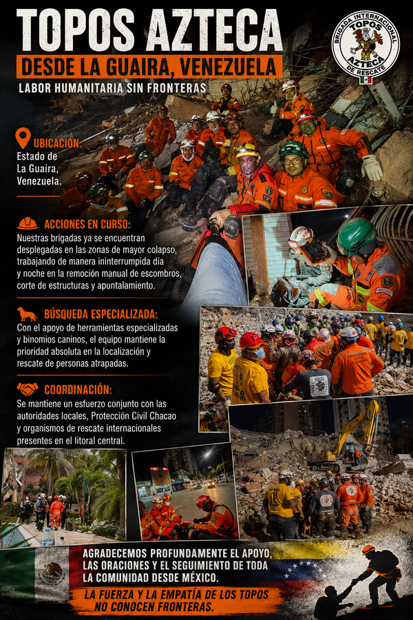 Topos Azteca intensifican labores de rescate en La Guaira tras devastadores sismos en Venezuela
