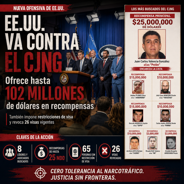 Estados Unidos ofrece hasta 102 millones de dólares por ocho líderes del CJNG y revoca 26 visas
