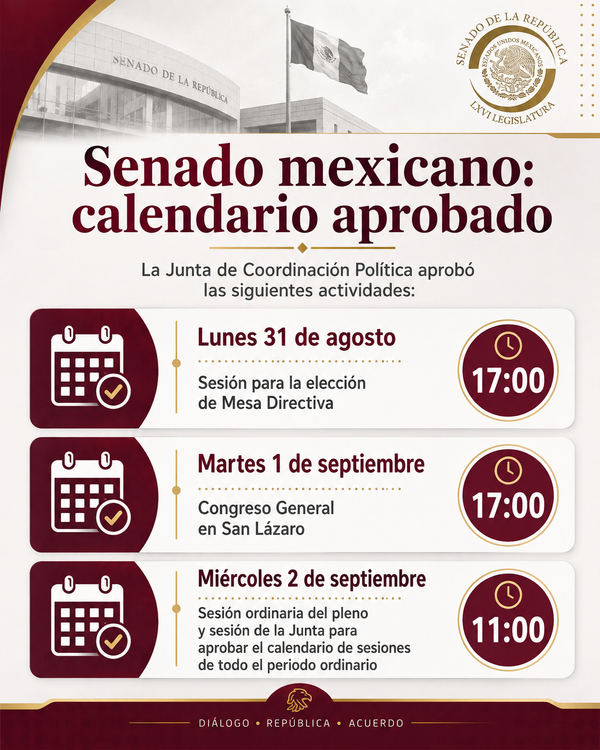 Senado define su calendario de actividades: elección de Mesa Directiva y arranque del periodo ordinario