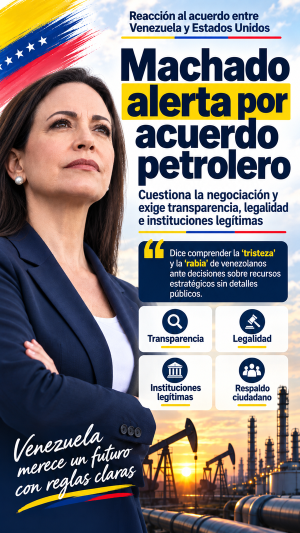 María Corina Machado cuestiona acuerdo petrolero con EE.UU. y advierte: “Venezuela vale mucho más que su petróleo”