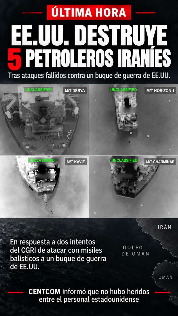 EE.UU. destruye cinco petroleros iraníes tras nuevos ataques contra un buque de guerra suyo