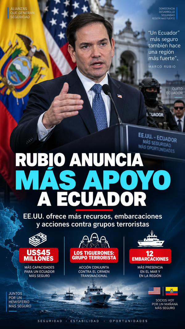 Marco Rubio en Ecuador: EE.UU. pedirá 45 millones de dólares para seguridad y designa a Los Tiguerones como grupo terrorista