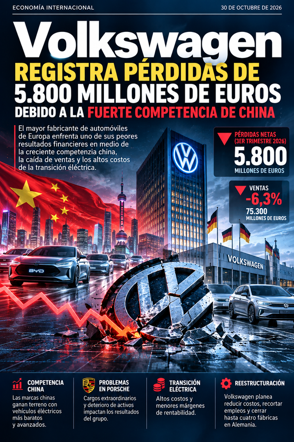 Volkswagen registra pérdidas por 5,800 millones de euros: la competencia china, Porsche y los aranceles golpean al gigante alemán