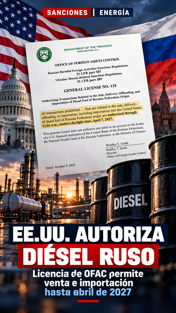 EE.UU. abre la puerta al diésel ruso: autoriza importaciones hasta abril de 2027 en medio de presión por los precios