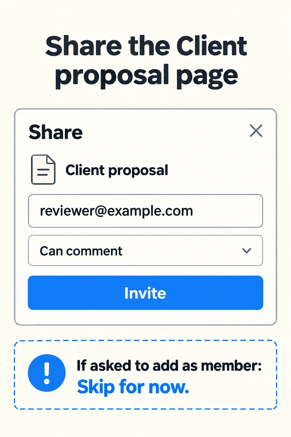 Client proposal Share panel invites reviewer@example.com with Can comment and a Skip for now reminder for a member prompt.