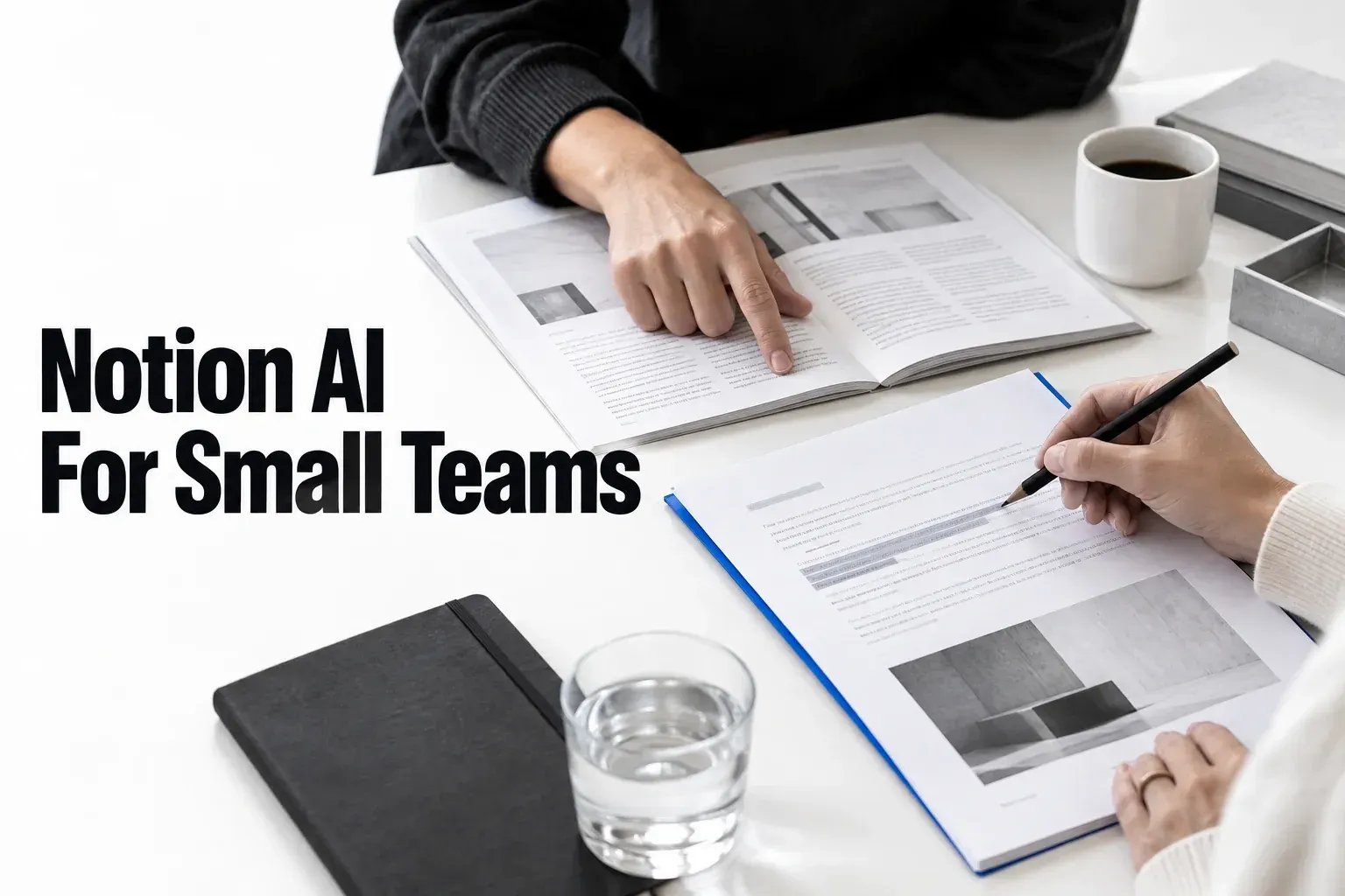 Two team members compare a proposed update with the source documents supporting it