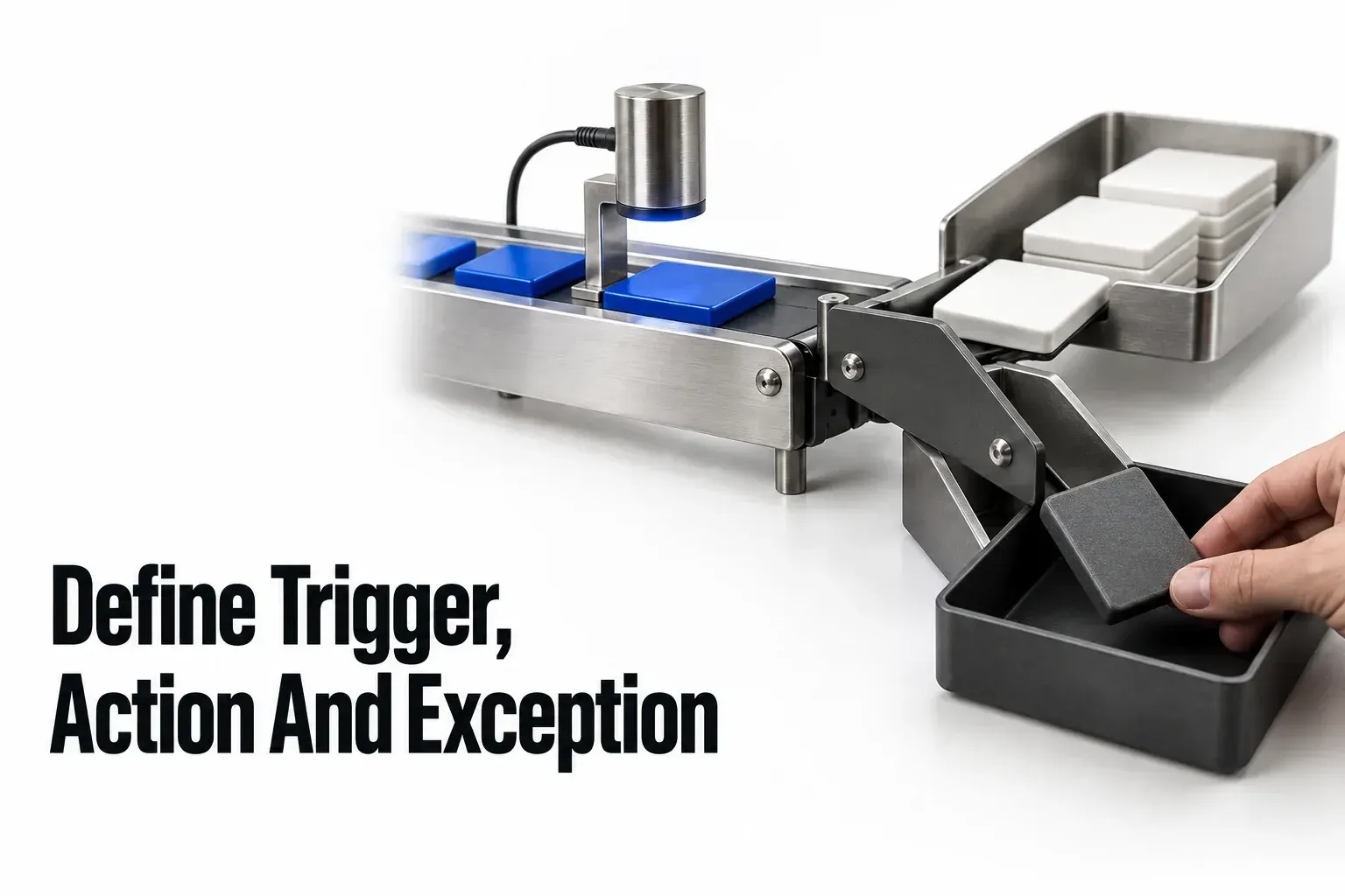 An eligible event leads to a review record while an exception follows a separate human route