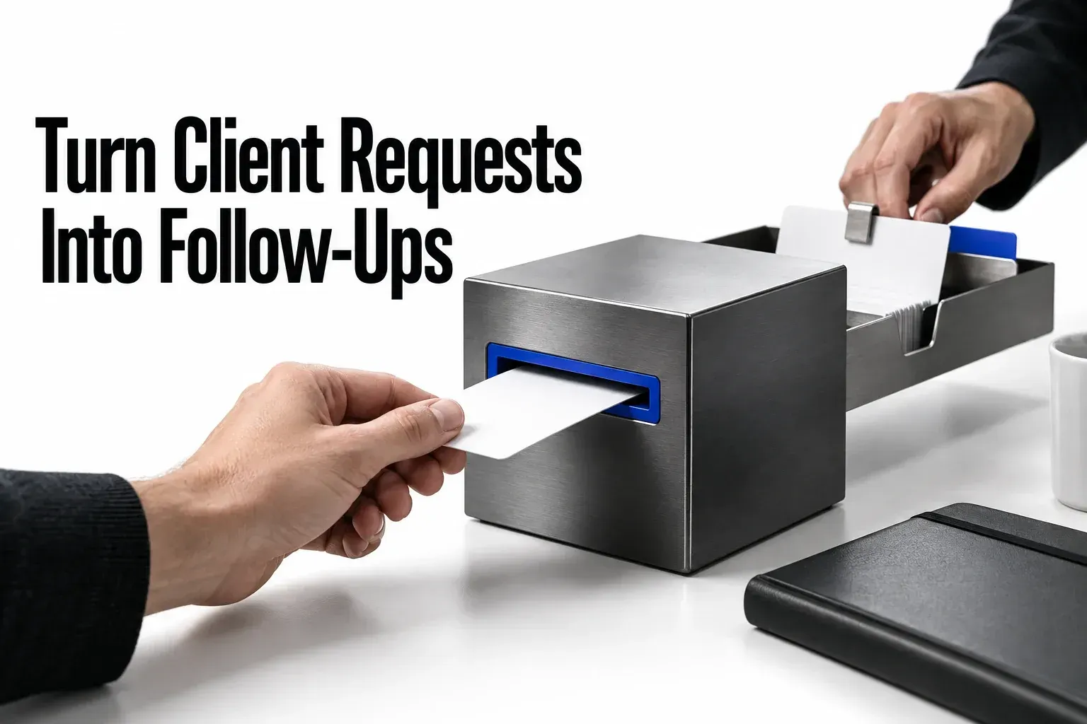 A client inquiry passes into a private review tray and receives an owned next action