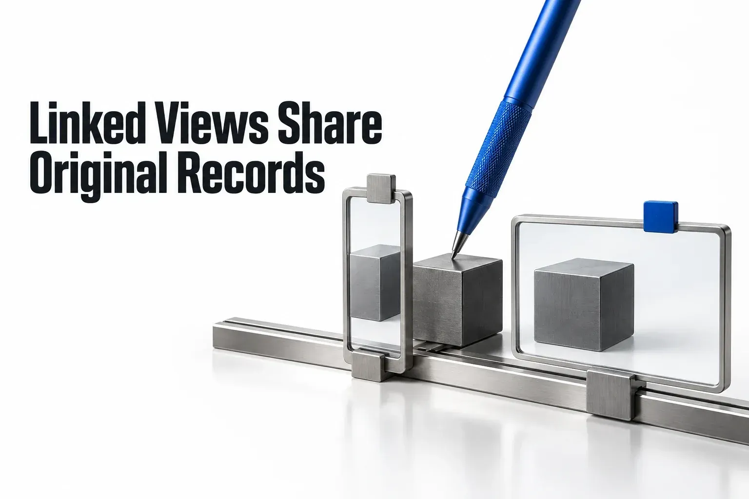 One edited record cube is represented in two view frames mounted on a shared rail.