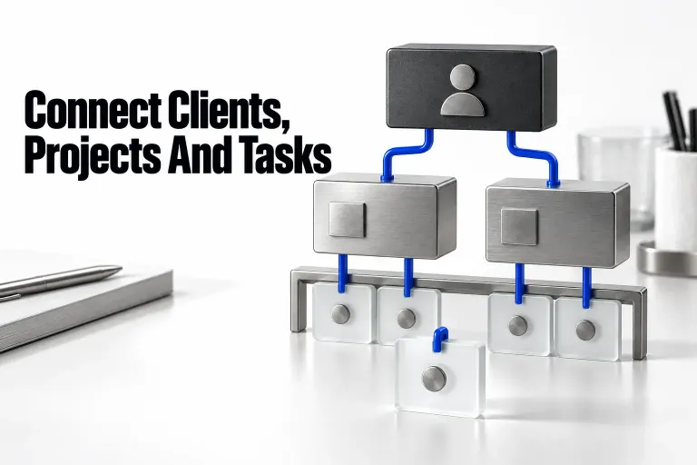 Client, project, and task records form a clear three-level work structure
