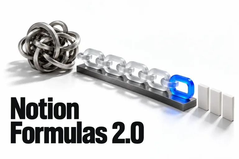 Tangle of nested steel rings beside the same rings straightened into a chain of frosted-glass links on a graphite bar, the last link blue, ending at three white tiles
