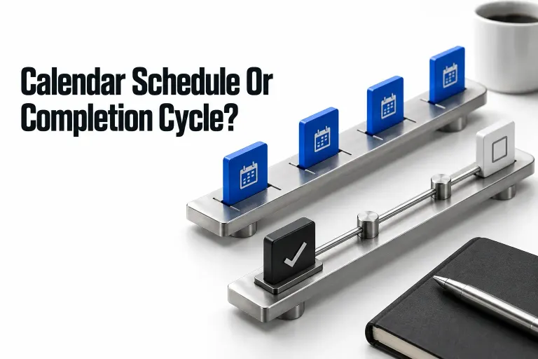A calendar schedule is contrasted with a new cycle anchored to actual completion