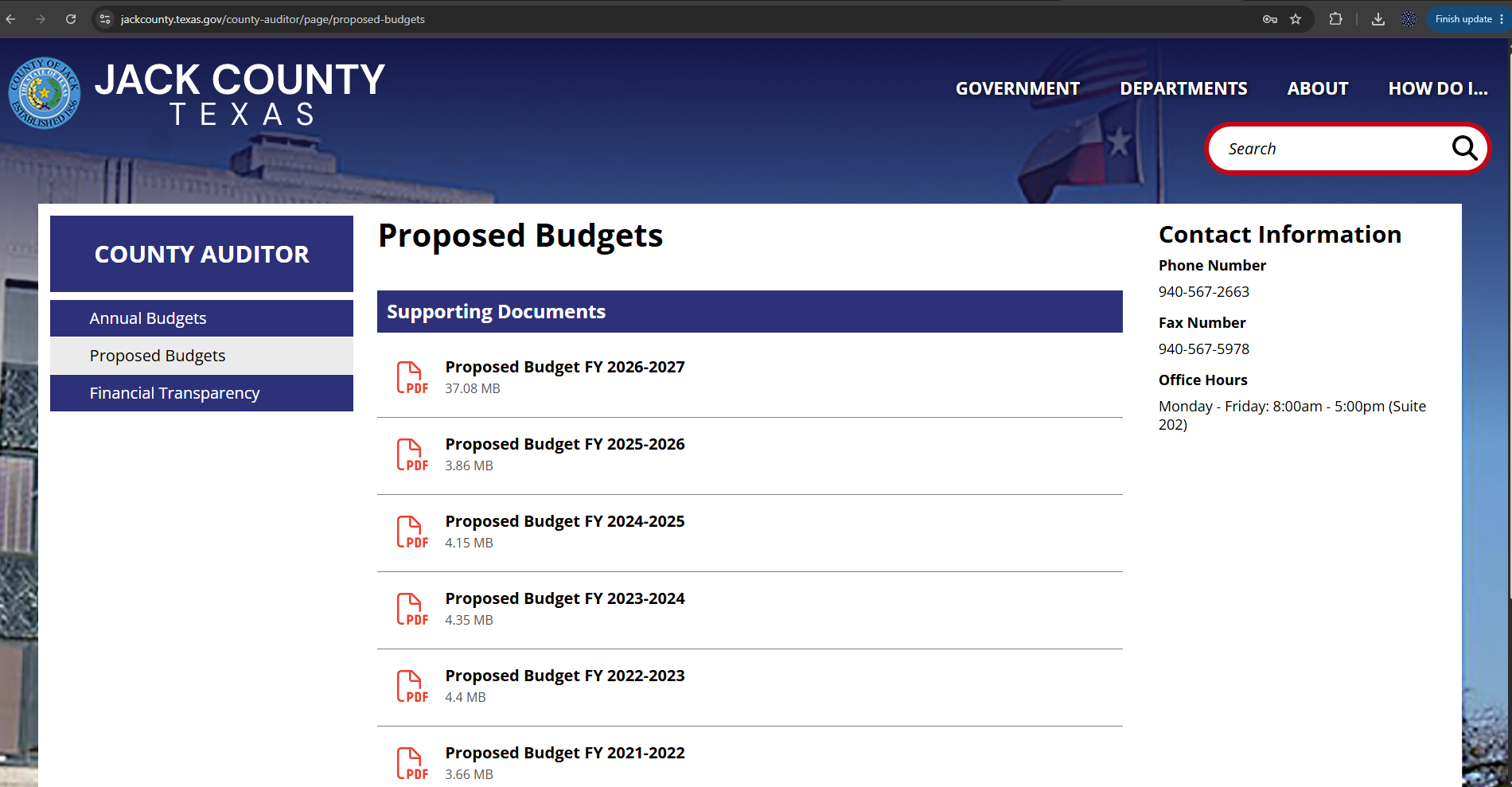 Screenshot of the Jack County Proposed Budgets page showing a link to the FY 2026-2027 proposed budget.