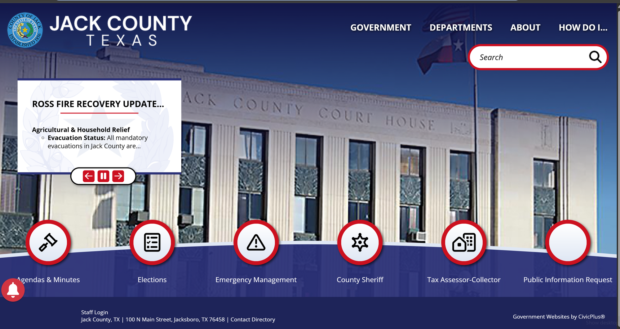 Screenshot of the Jack County, Texas website homepage on September 16, 2026