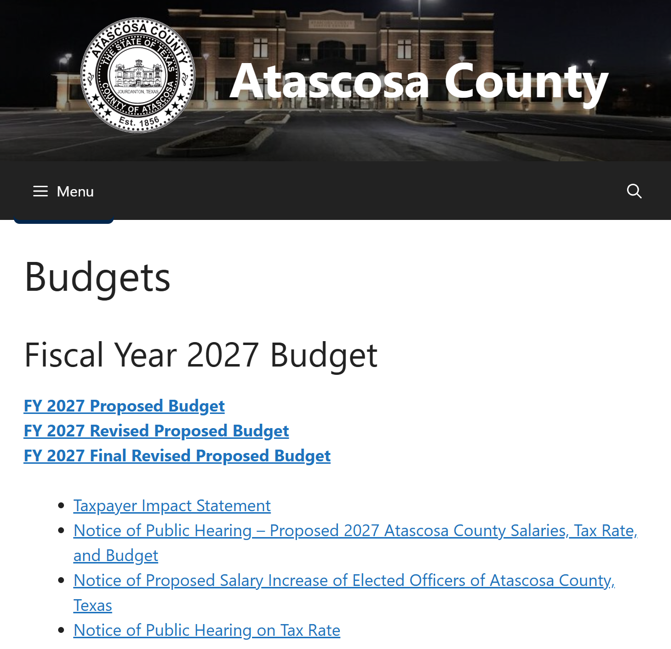 creenshot of Atascosa County’s FY 2027 budget page showing proposed and revised budgets, taxpayer impact statement and hearing notices.