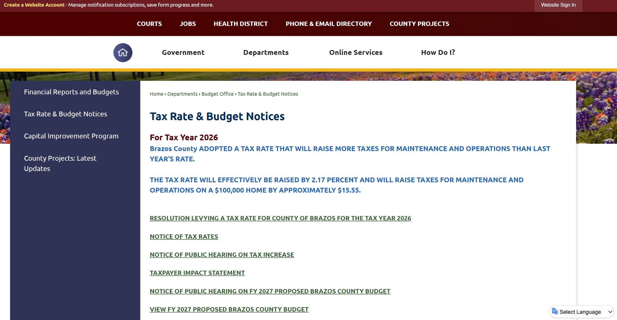 Screenshot of Brazos County’s Tax Rate and Budget Notices page showing 2026 budget and tax documents.