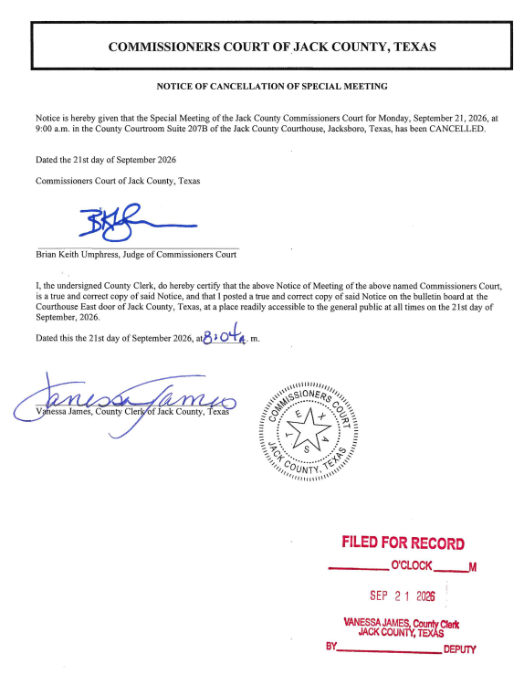Jack County Commissioners Court notice canceling the September 21, 2026 special meeting, with the County Clerk’s posting time of 8:04 a.m.