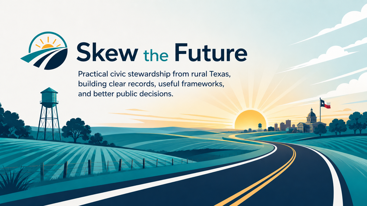 Illustrated rural Texas landscape with the Skew the Future logo and tagline.
