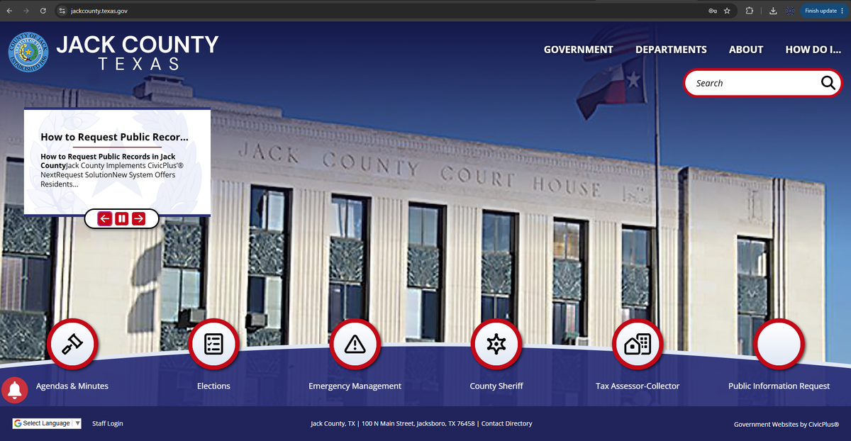 Screenshot of the Jack County, Texas home page on September 13, 2026, showing the courthouse header, navigation menu and homepage content.