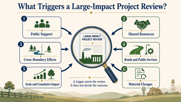 Six TRSP review triggers point to a magnifying glass examining a large-impact project: public support, shared resources, outside impacts, public services, scale and material changes.