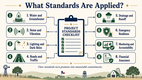 Eight TRSP review standards surround a central checklist: water, noise, lighting, roads, drainage, emergency readiness, monitoring and financial assurance.