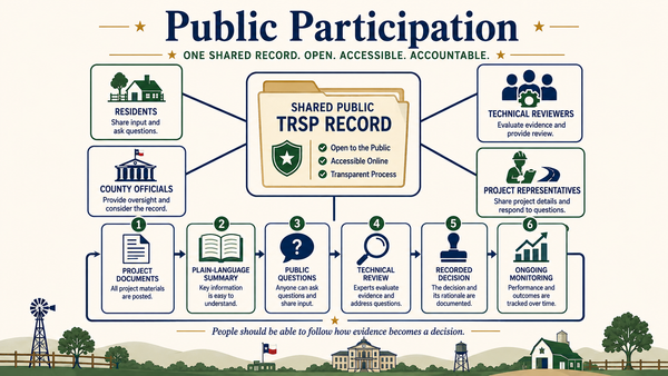 Residents, officials, reviewers and a project representative connect to a public TRSP record containing documents, questions, decisions and monitoring.