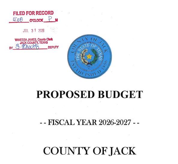 Cropped cover page of Jack County’s proposed fiscal year 2026-2027 budget showing the county seal and title.