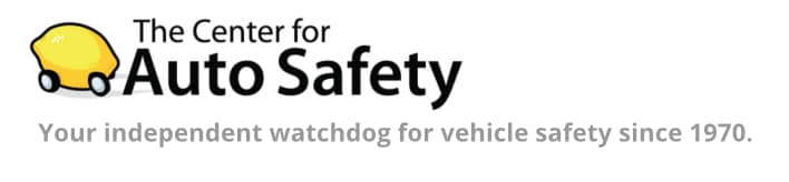 Logo of The Center for Auto Safety featuring a yellow lemon graphic on wheels alongside text reading 'The Center for Auto Safety' and 'Your independent watchdog for vehicle safety since 1970.'