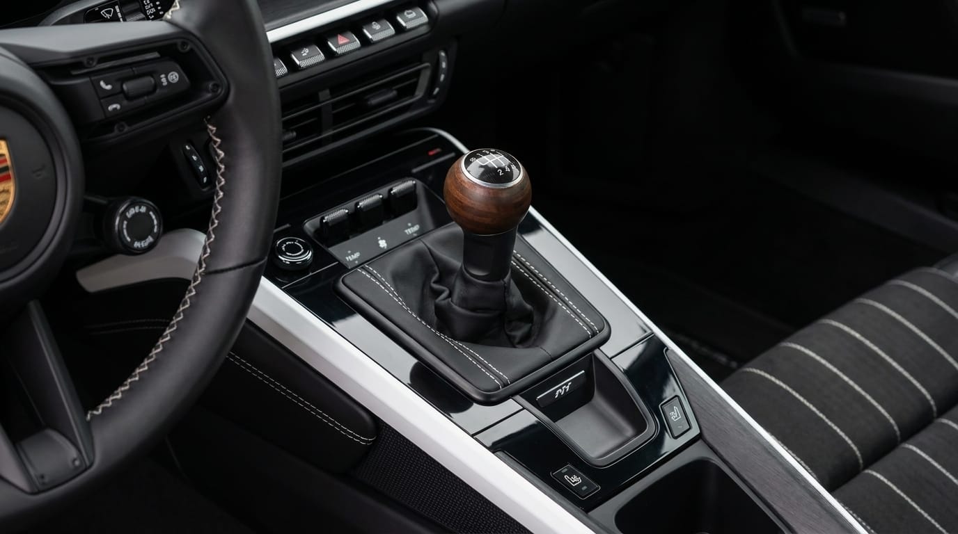Porsche-interiör med en manuell växelspak i trä samt läderdetaljer och mittkonsol.