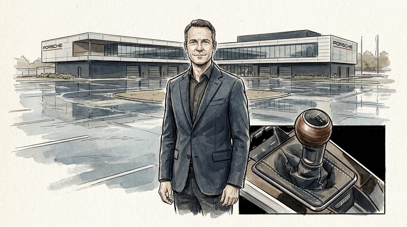 En illustration av Timo Resch framför Porsche Experience Center med en infälld detaljbild på en växelspak i trä.