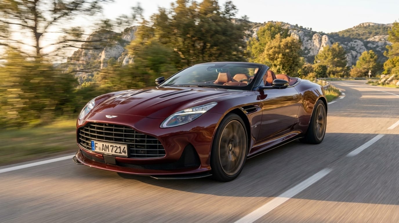 A deep metallic burgundy Aston Martin DB12 Volante convertible drives along a winding mountain road during golden hour.