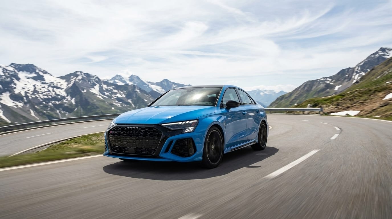 En blå Audi RS 3 sedan kör längs en kurvig bergsväg i Alperna med snötäckta bergstoppar i bakgrunden.