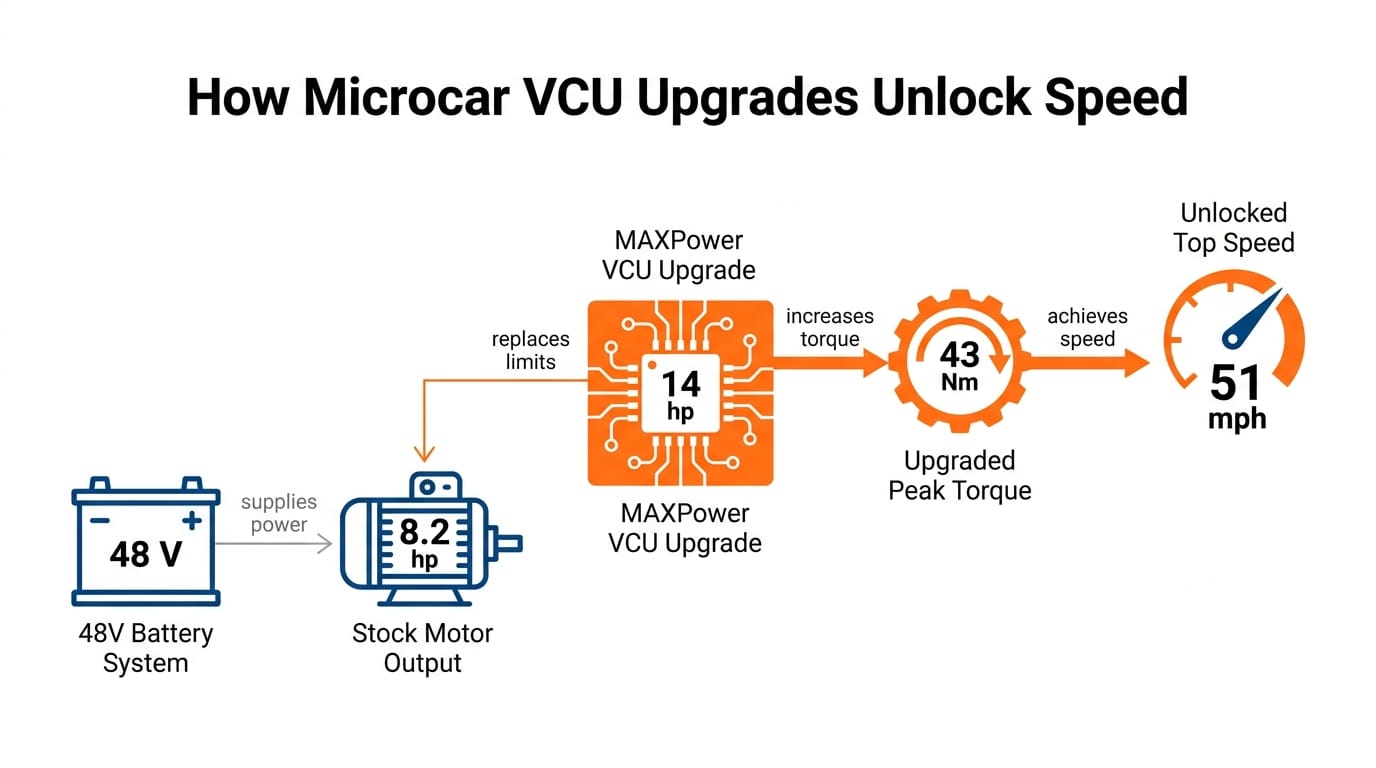 Infographic showing a 5-step VCU upgrade sequence from 48V battery to unlocked 51 mph top speed.
