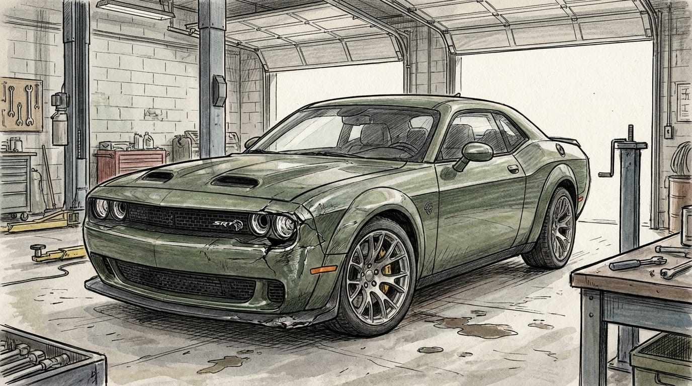 Editorial line drawing of a damaged green muscle car parked inside an auto dealership service bay.
