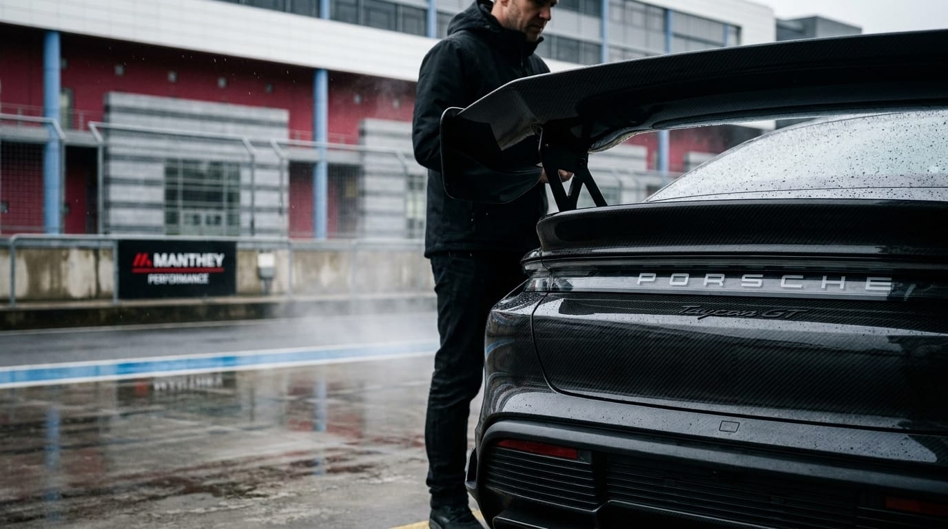 Närbild på bakdelen och kolfiberspoilern på en mörk Porsche Taycan i en fuktig depåmiljö.
