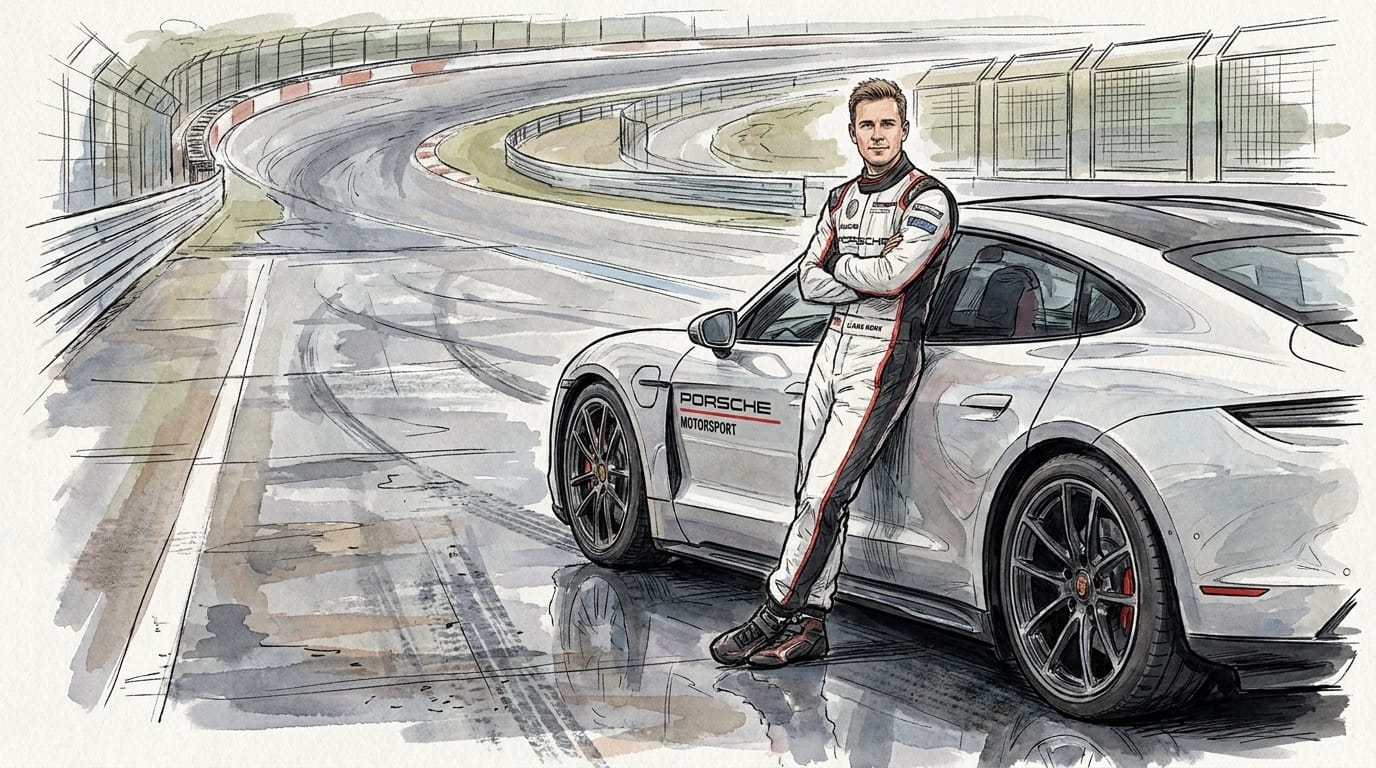 En illustration av racerföraren Lars Kern i förardräkt, lutad mot en vit Porsche Taycan intill banan.
