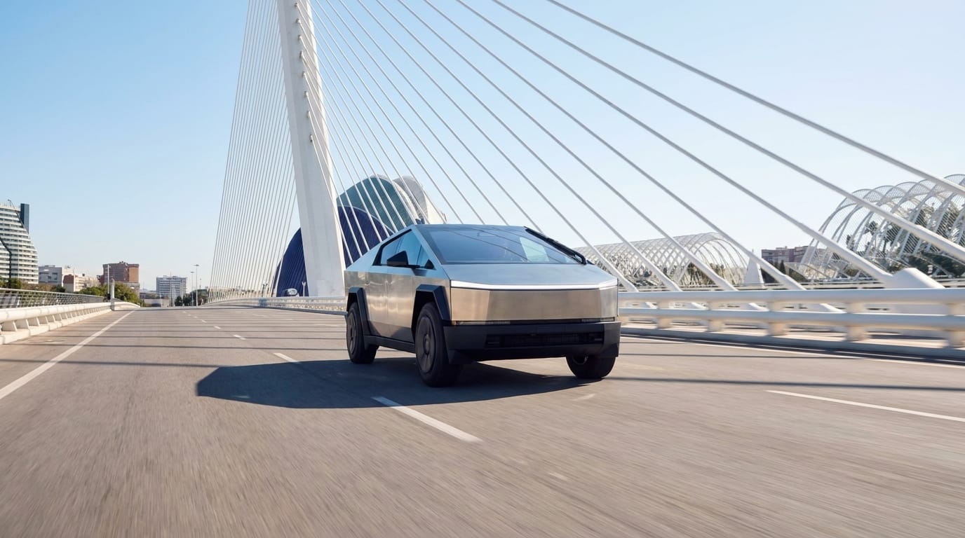 A stainless steel Tesla Cybertruck drives down a sunlit avenue beside large white cable-stayed bridge structures.