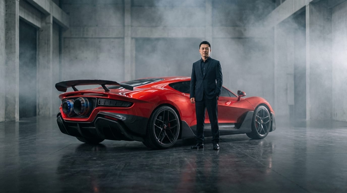 Yu Hao standing next to a futuristic red rocket-boosted supercar prototype inside a spacious concrete studio with atmospheric smoke.