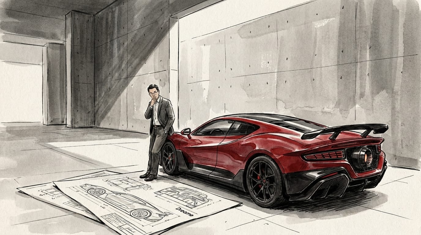 An editorial watercolor illustration of Yu Hao in a suit leaning against a red supercar with a rear rocket thruster, surrounded by blueprints on a concrete floor.
