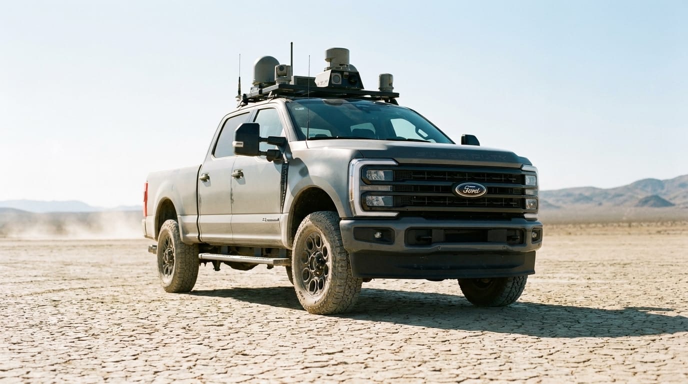 A grey Ford F-250 truck with roof-mounted tactical sensors parked on a cracked desert dry lake bed.