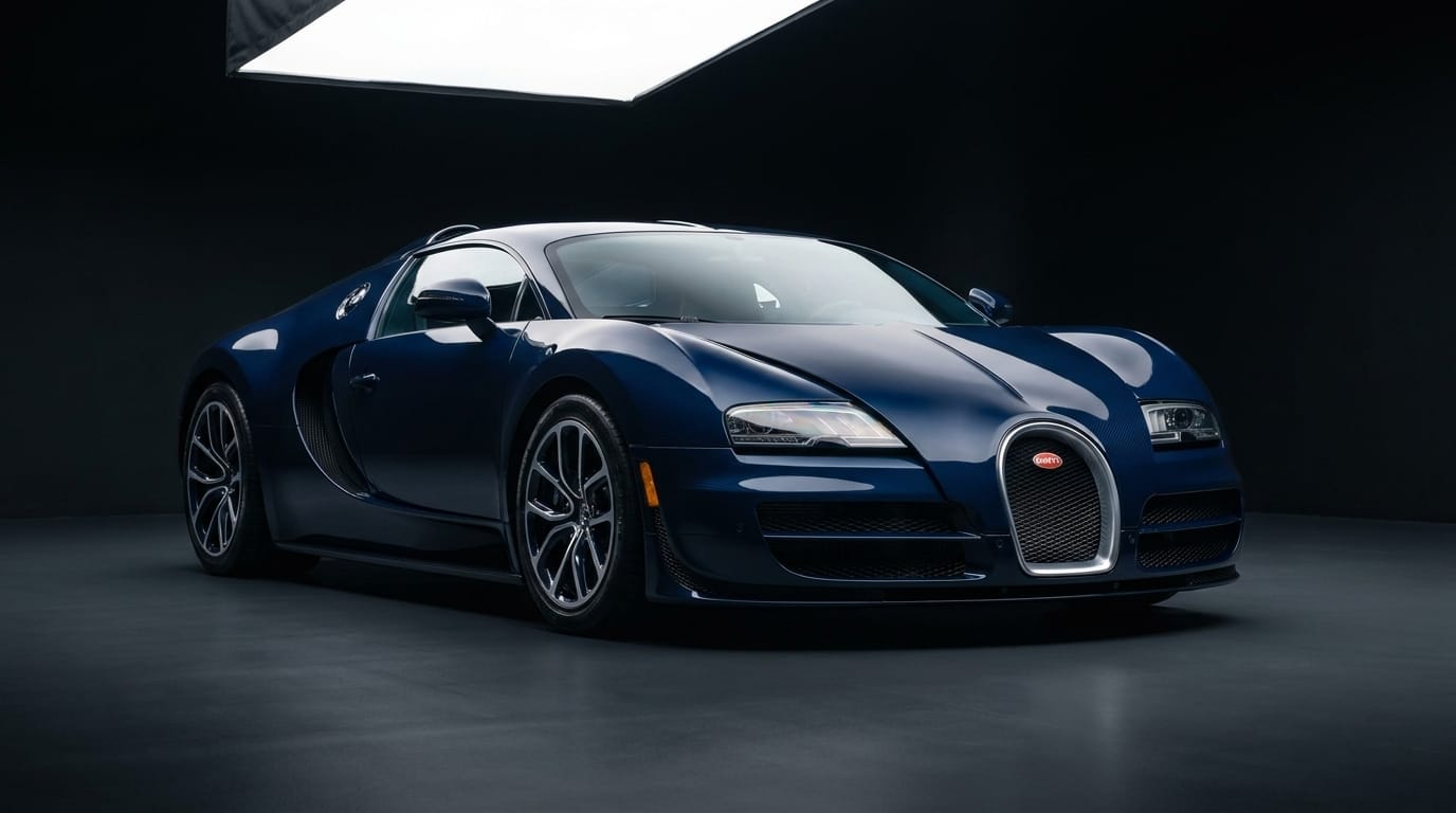 En mörkblå Bugatti Veyron i en studiomiljö sedd från en låg trekvartsvinkel framifrån.